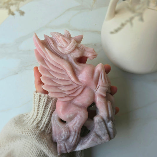 Pink Opal Crystal Unicorn Hand Carving High Quality Peru