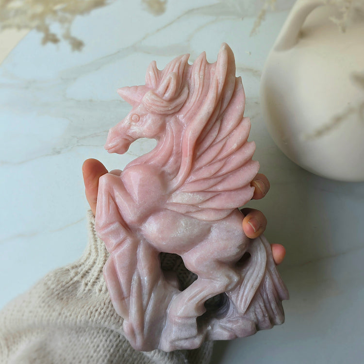 Pink Opal Crystal Unicorn Hand Carving High Quality Peru
