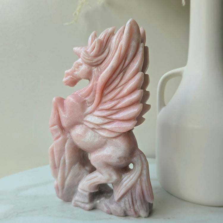 Pink Opal Crystal Unicorn Hand Carving High Quality Peru