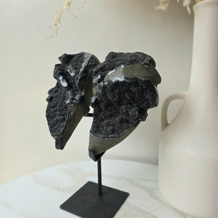 Rare Black Galaxy Amethyst Angel Wings Cluster on Stand