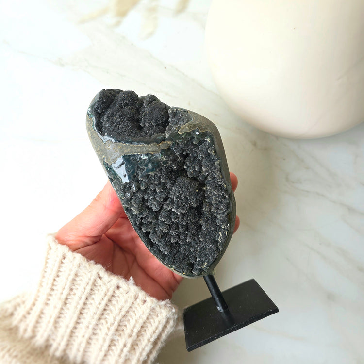 Rare Black Galaxy Amethyst Cluster on Stand