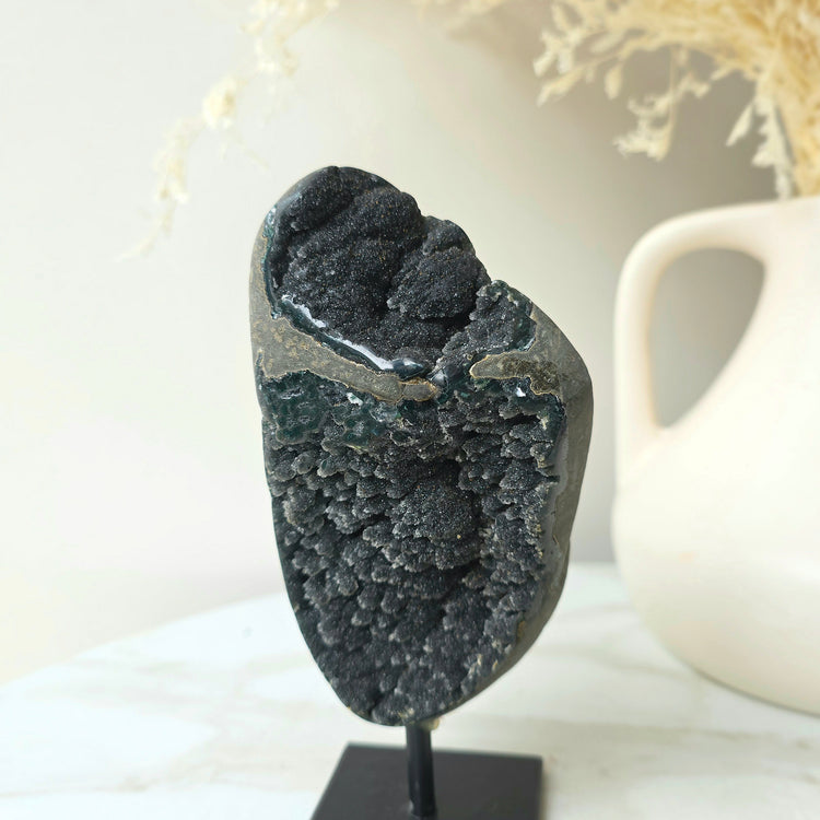 Rare Black Galaxy Amethyst Cluster on Stand
