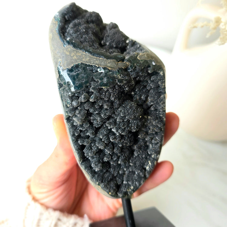 Rare Black Galaxy Amethyst Cluster on Stand
