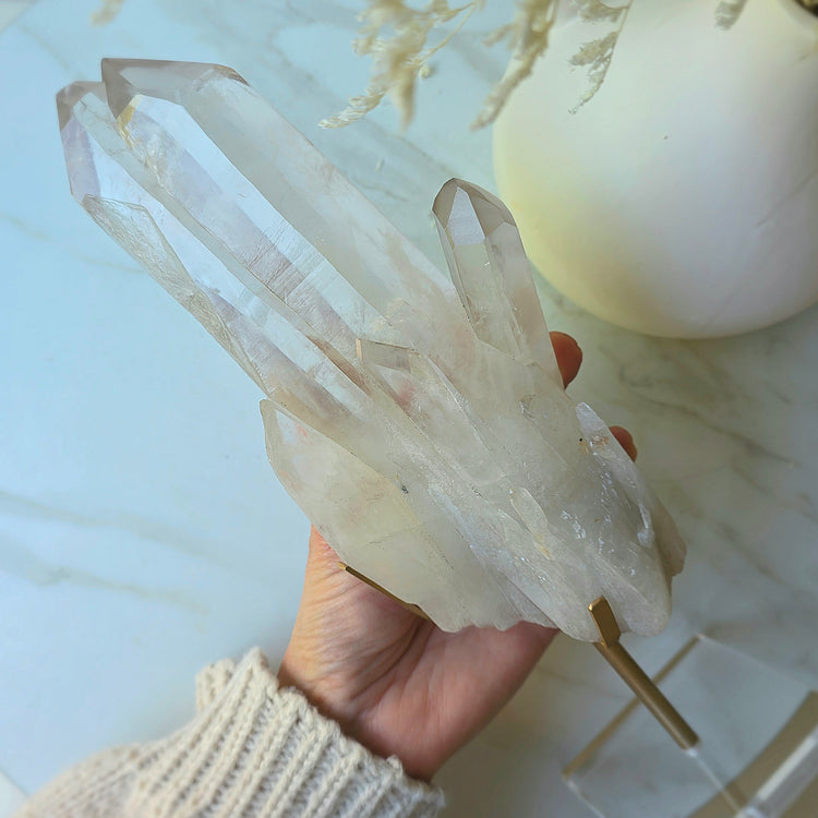 Clear Quartz Crystal Natural Cluster Point on Stand Brazil
