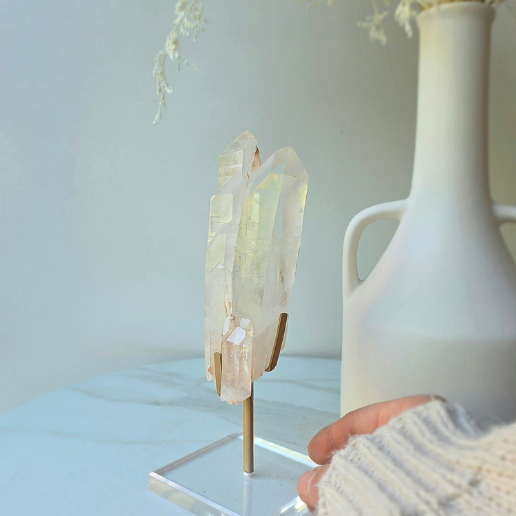 Clear Quartz Crystal Natural Cluster Point on Stand Brazil