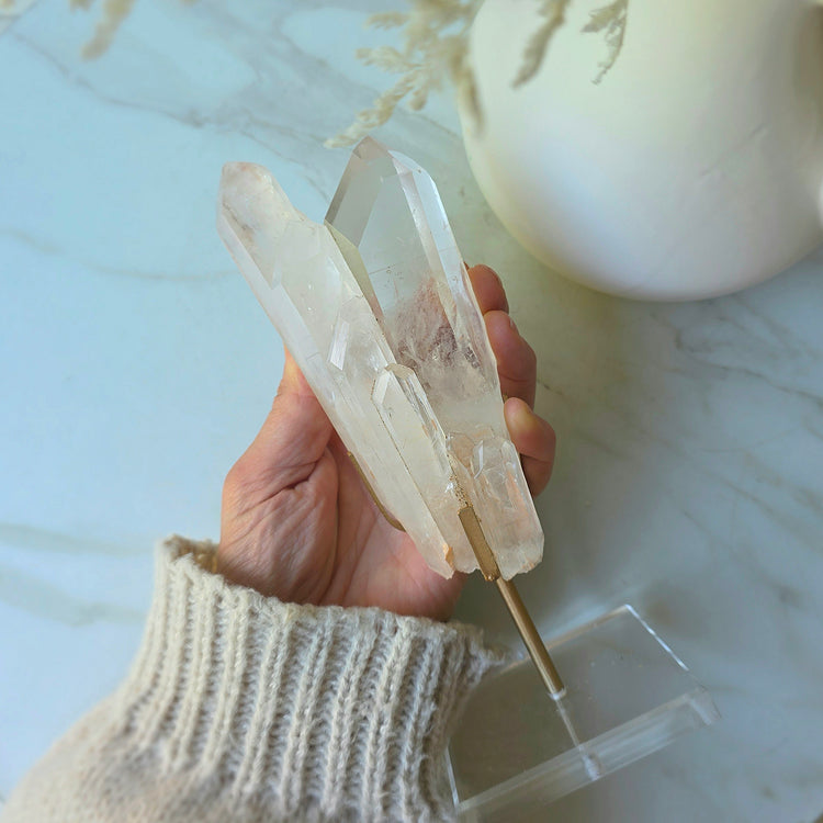 Clear Quartz Crystal Natural Cluster Point on Stand Brazil