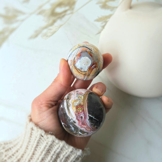 Lace Agate Cryatal Sphere Mexico on Stand