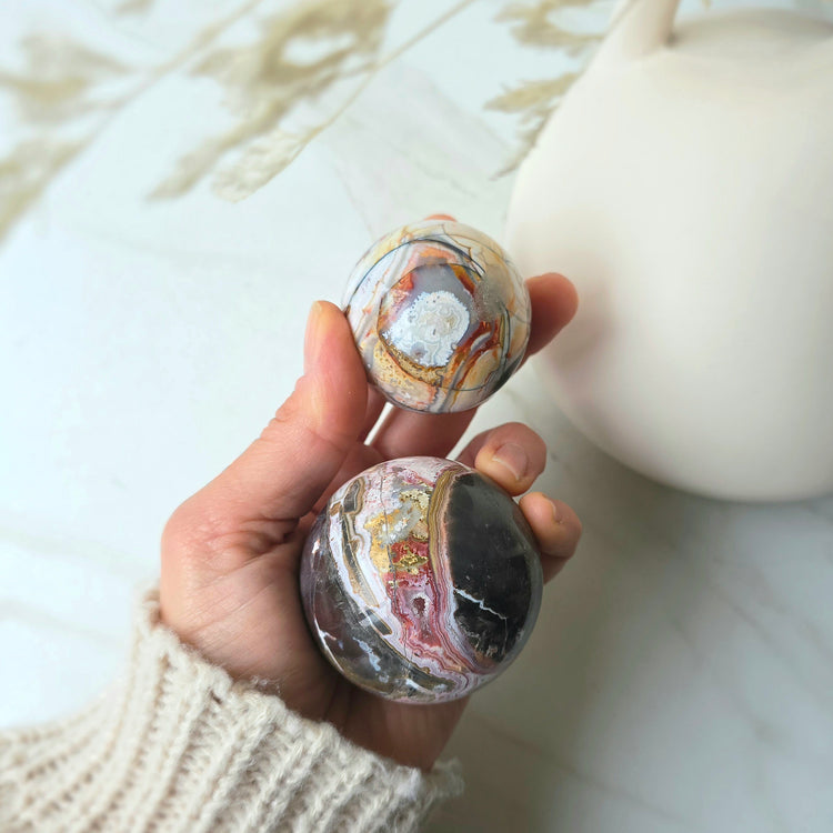 Lace Agate Cryatal Sphere Mexico on Stand