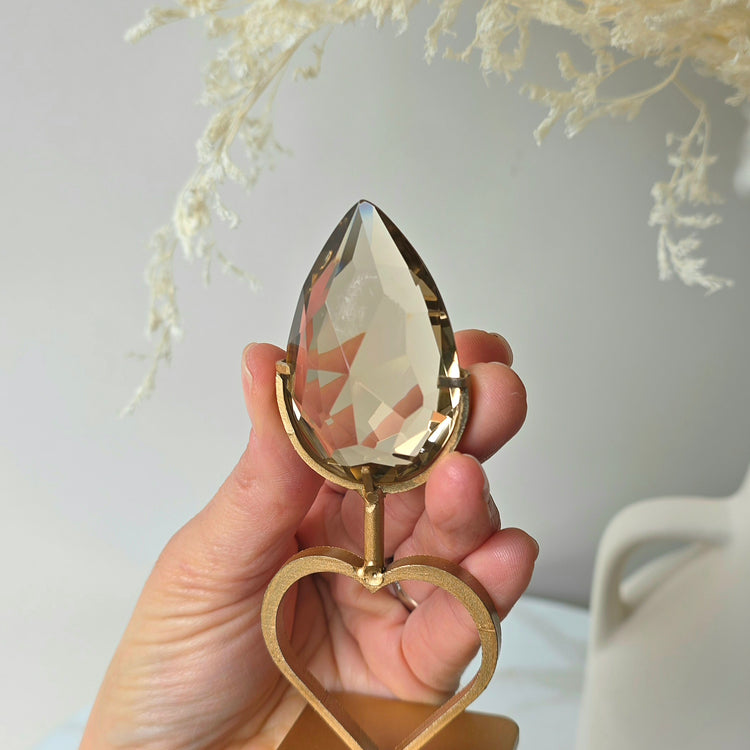 Smokey Quartz Crystal and Clear Quartz Crystal Faceted Carving on Heart Stand High Quality Brazil