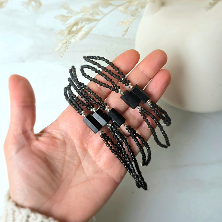 Black Tourmaline Crystal with Black Obsidian Crystal Bead Sterling Silver Bracelet Protection