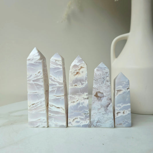 White Plume Agate Crystal Tower Point Obelisk High Quality Indonesia