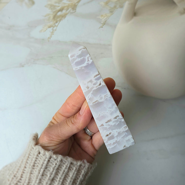 White Plume Agate Crystal Tower Point Obelisk High Quality Indonesia