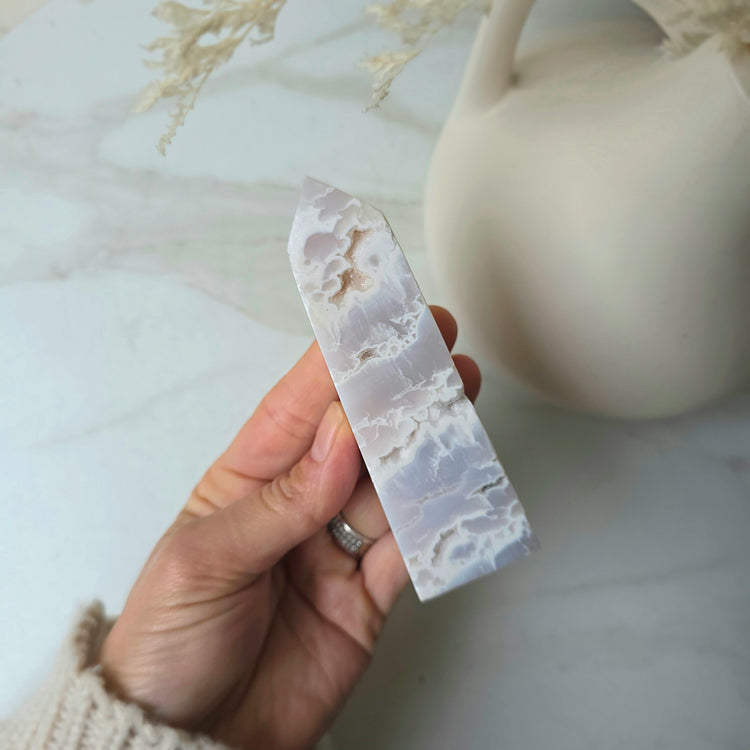 White Plume Agate Crystal Tower Point Obelisk High Quality Indonesia