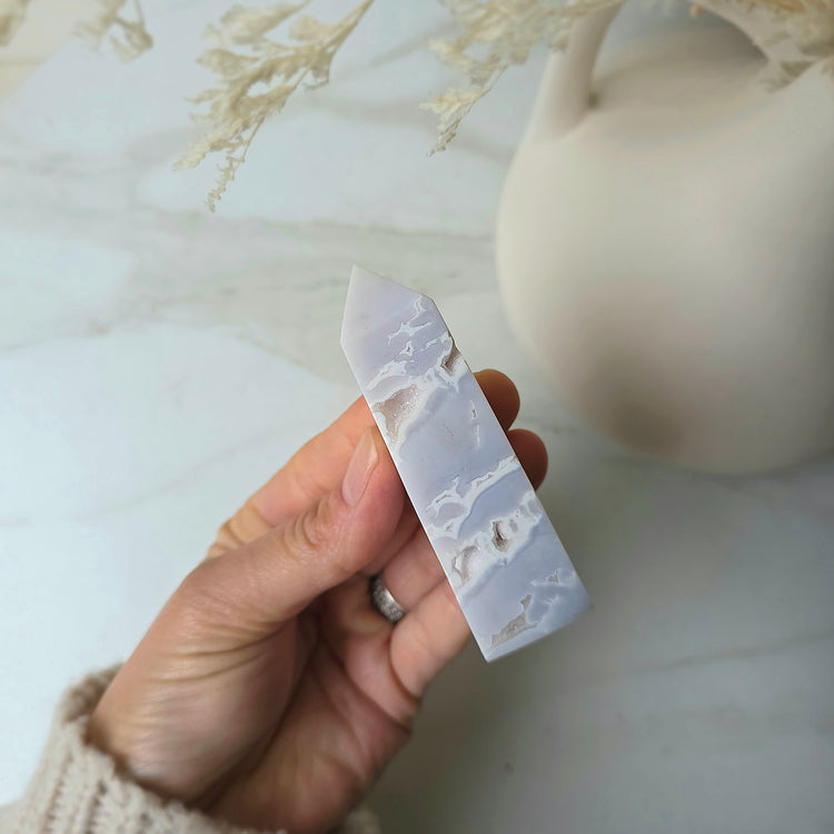 White Plume Agate Crystal Tower Point Obelisk High Quality Indonesia