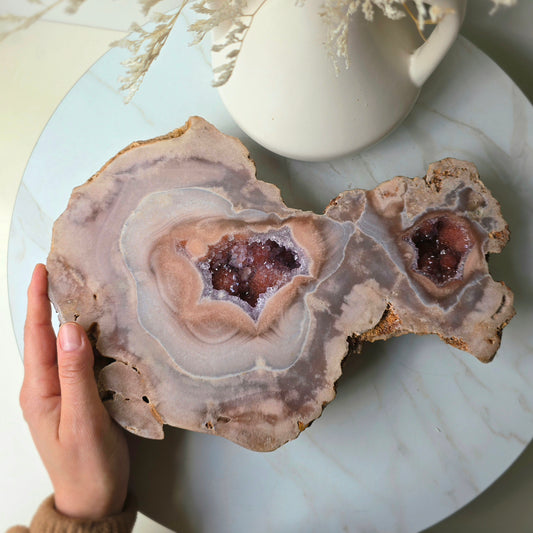 Pink Amethyst Crystal with Druzy Cluster Slab Slice High Quality on Stand Brazil Statement Piece 1