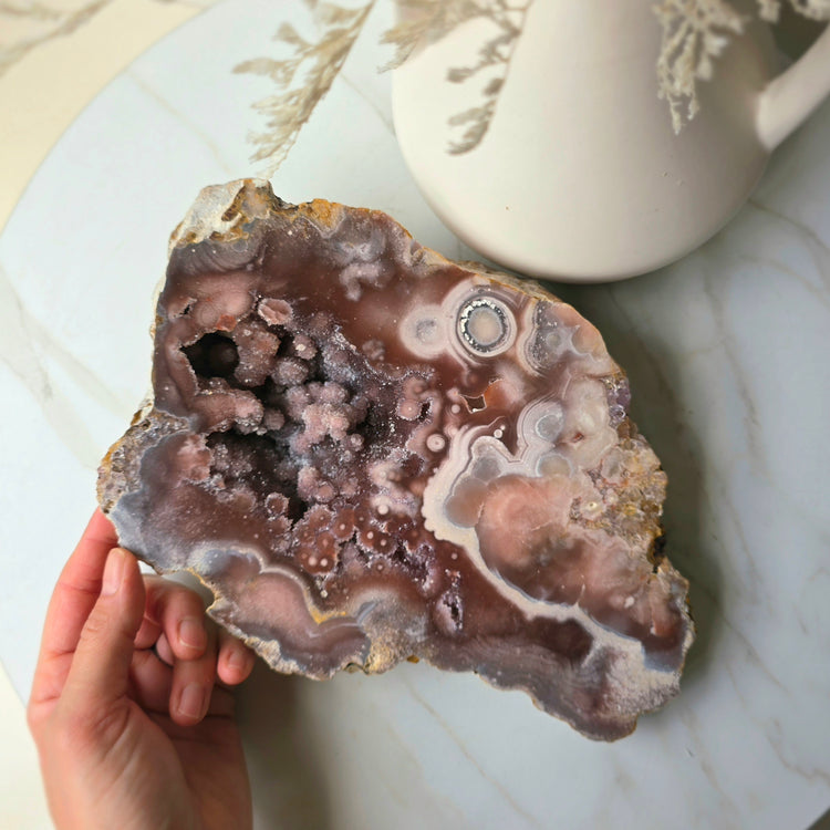 Pink Amethyst Crystal with Druzy Cluster Slab Slice High Quality on Stand Brazil Statement Piece 2