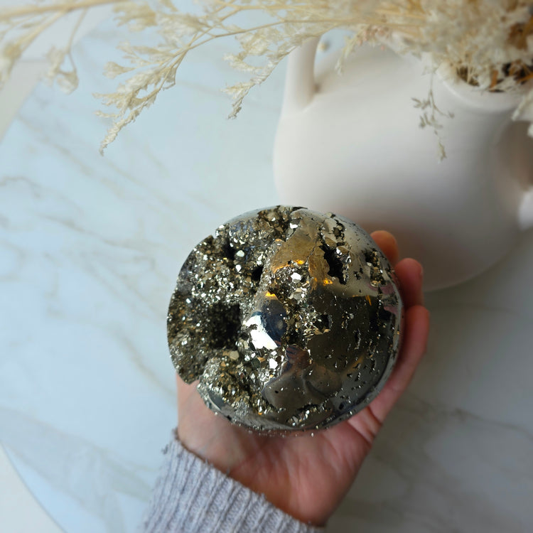 Pyrite Crystal Cluster Sphere High Quality Statement on Stand