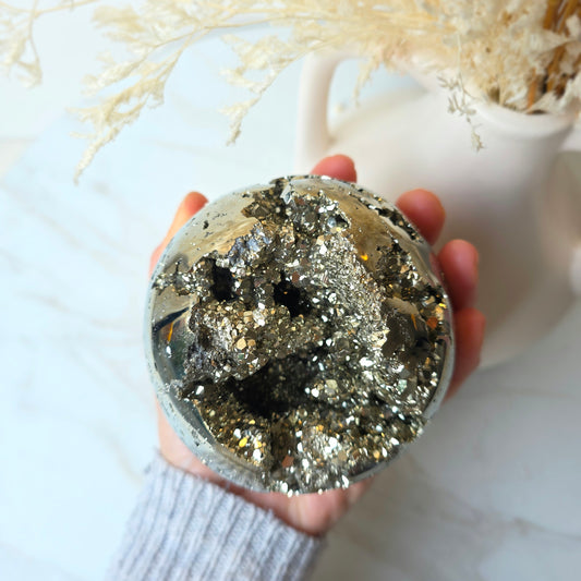 Pyrite Crystal Cluster Sphere High Quality Statement on Stand