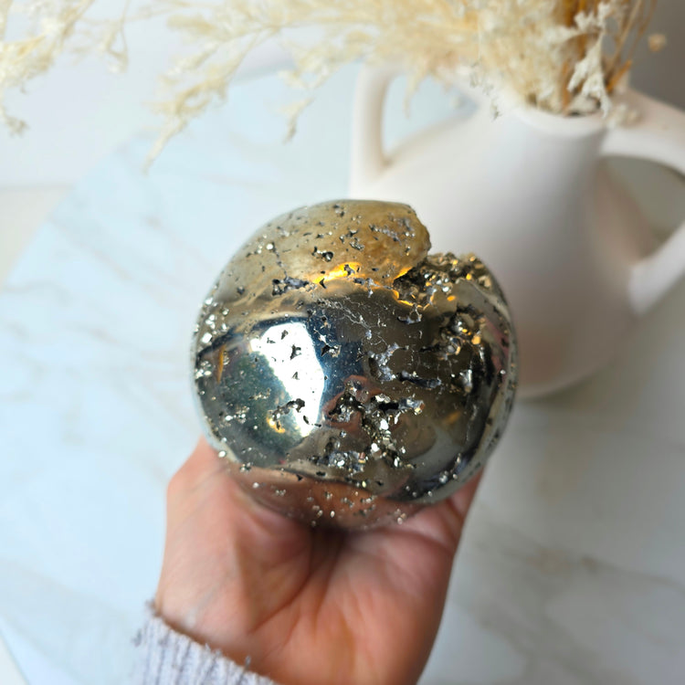 Pyrite Crystal Cluster Sphere High Quality Statement on Stand