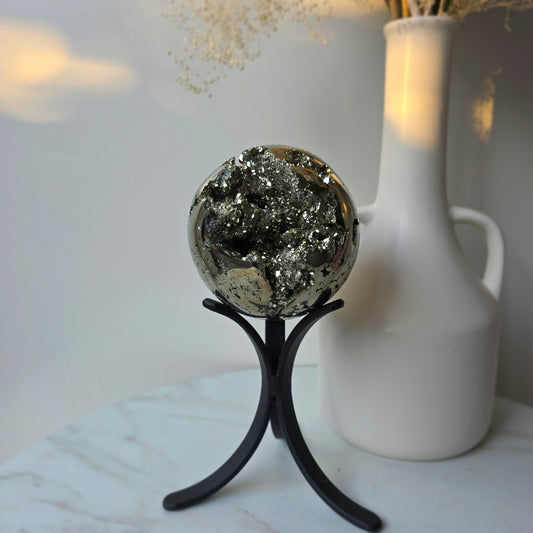 Pyrite Crystal Cluster Sphere High Quality Statement on Stand