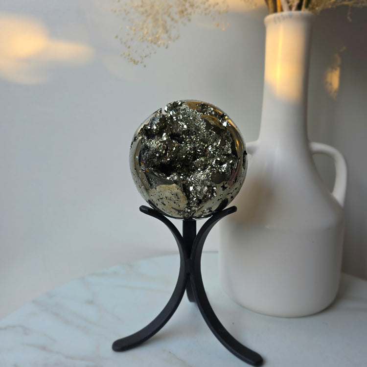 Pyrite Crystal Cluster Sphere High Quality Statement on Stand