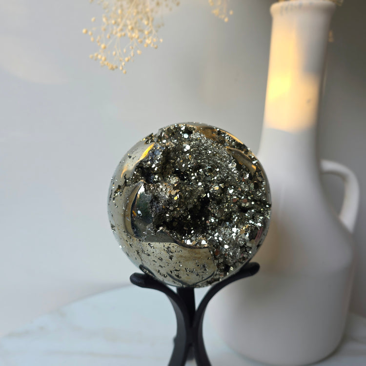 Pyrite Crystal Cluster Sphere High Quality Statement on Stand