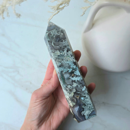 Green Moss Agate Crystal Tower Point Obelisk High Quality Brazil