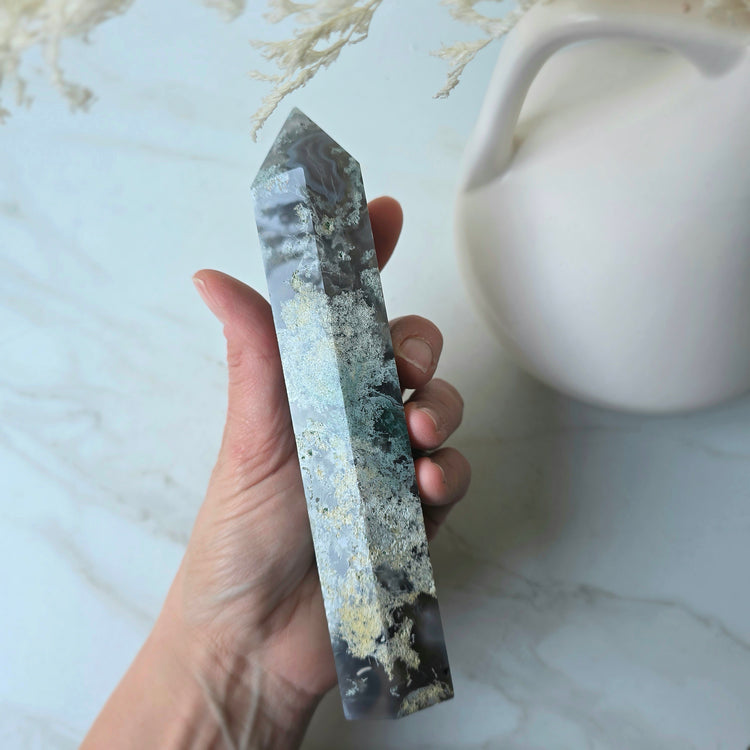 Green Moss Agate Crystal Tower Point Obelisk High Quality Brazil