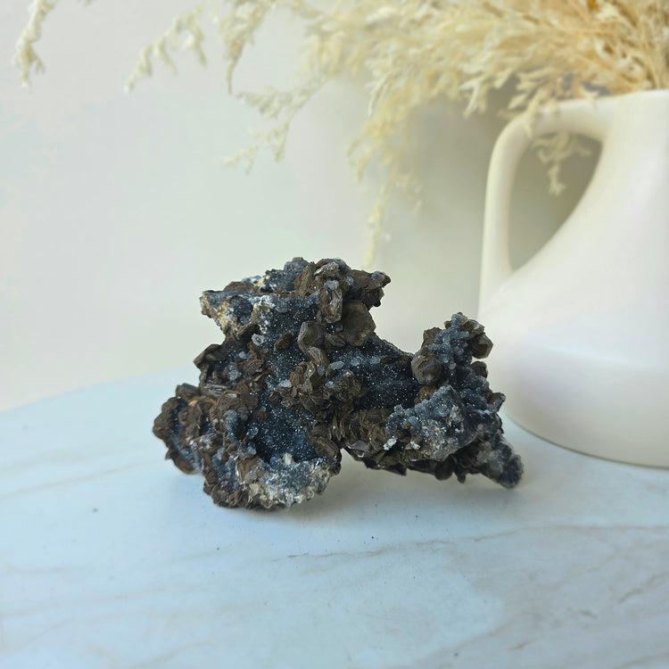 Siderite Crystal on Black Chalcedony Crystal Cluster China