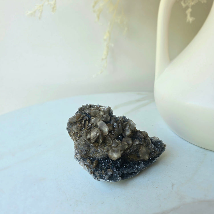 Siderite Crystal on Black Chalcedony Crystal Cluster China