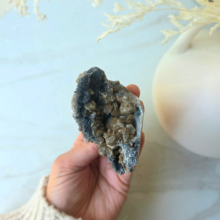 Siderite Crystal on Black Chalcedony Crystal Cluster China