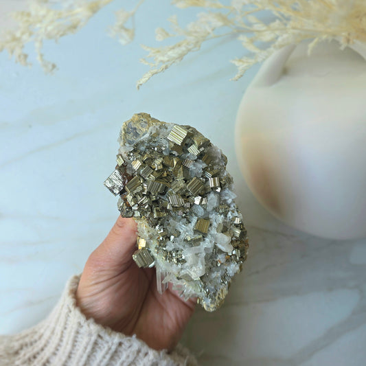 Pyrite Crystal Cube Cluster in Quartz