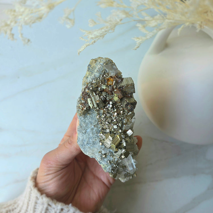 Pyrite Crystal Cube Cluster in Quartz