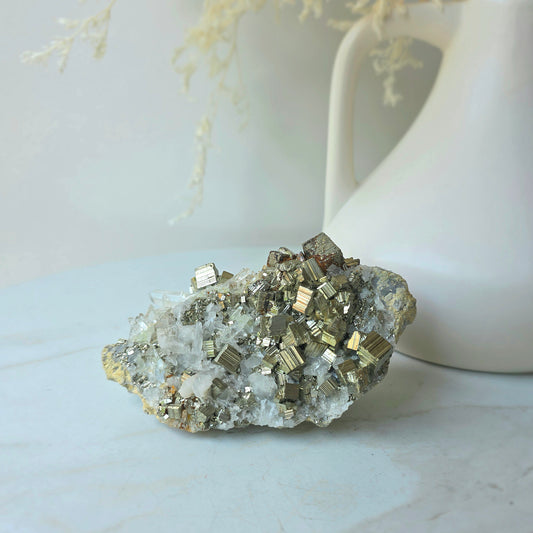 Pyrite Crystal Cube Cluster in Quartz