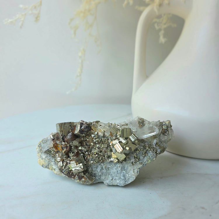 Pyrite Crystal Cube Cluster in Quartz