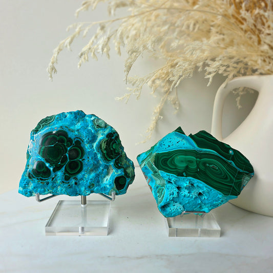 Azurite Malachite Crystal Polished Slab Slice on Stand High Quality Peru