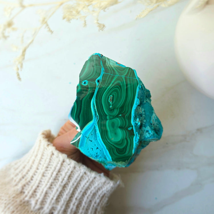 Azurite Malachite Crystal Polished Slab Slice on Stand High Quality Peru
