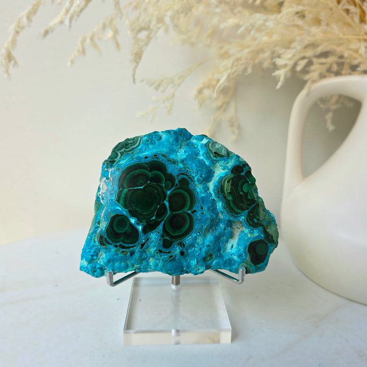 Azurite Malachite Crystal Polished Slab Slice on Stand High Quality Peru