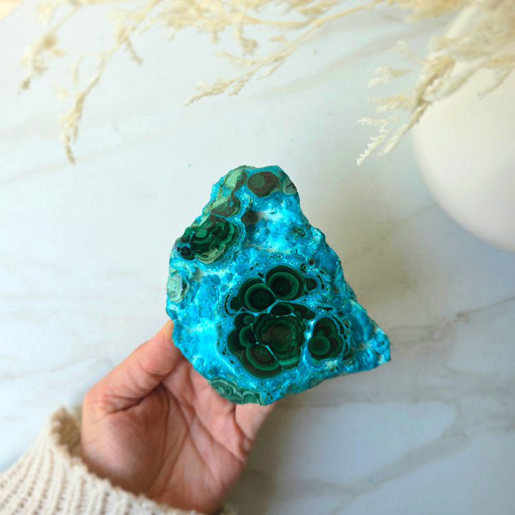 Azurite Malachite Crystal Polished Slab Slice on Stand High Quality Peru