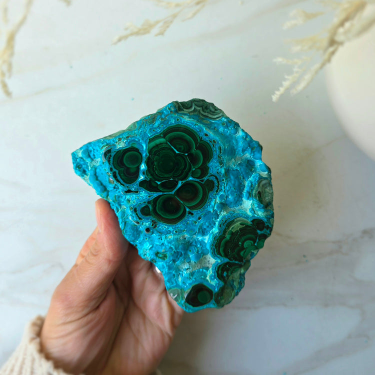Azurite Malachite Crystal Polished Slab Slice on Stand High Quality Peru