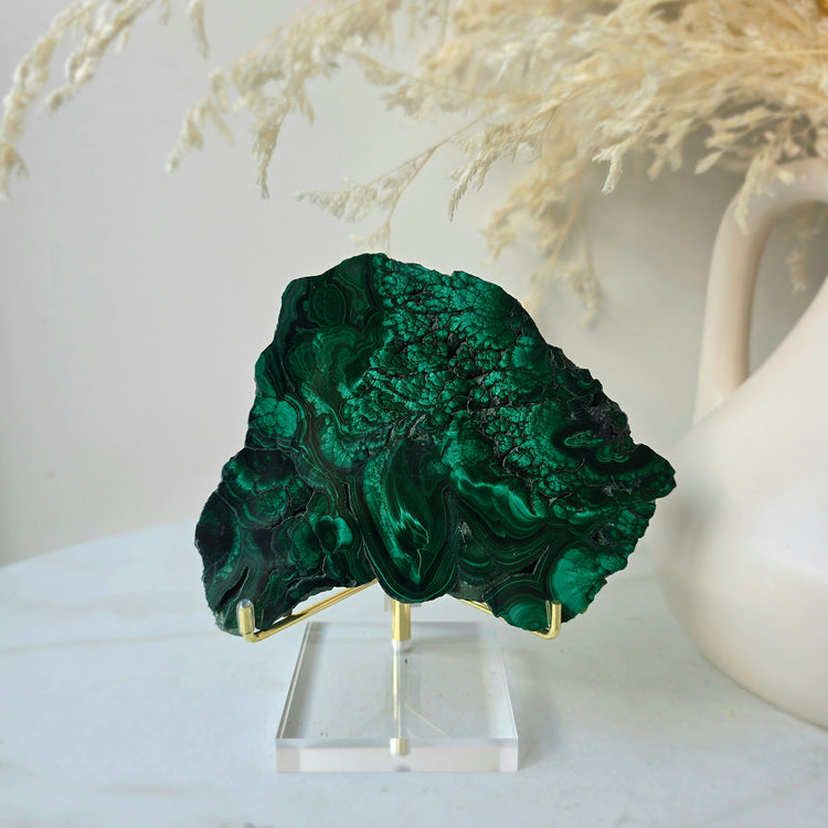 Malachite Crystal Polished Slab Slice Congo High Quality on Stand