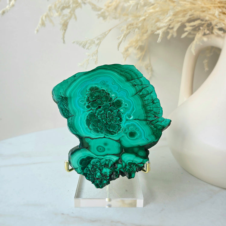 Malachite Crystal Polished Slab Slice Congo High Quality on Stand