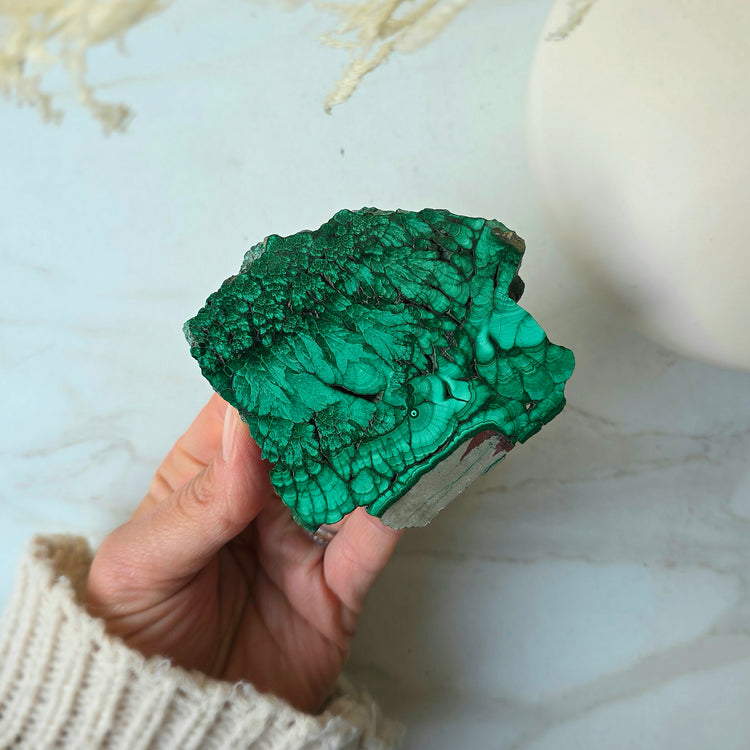 Malachite Crystal Polished Slab Slice Congo High Quality on Stand