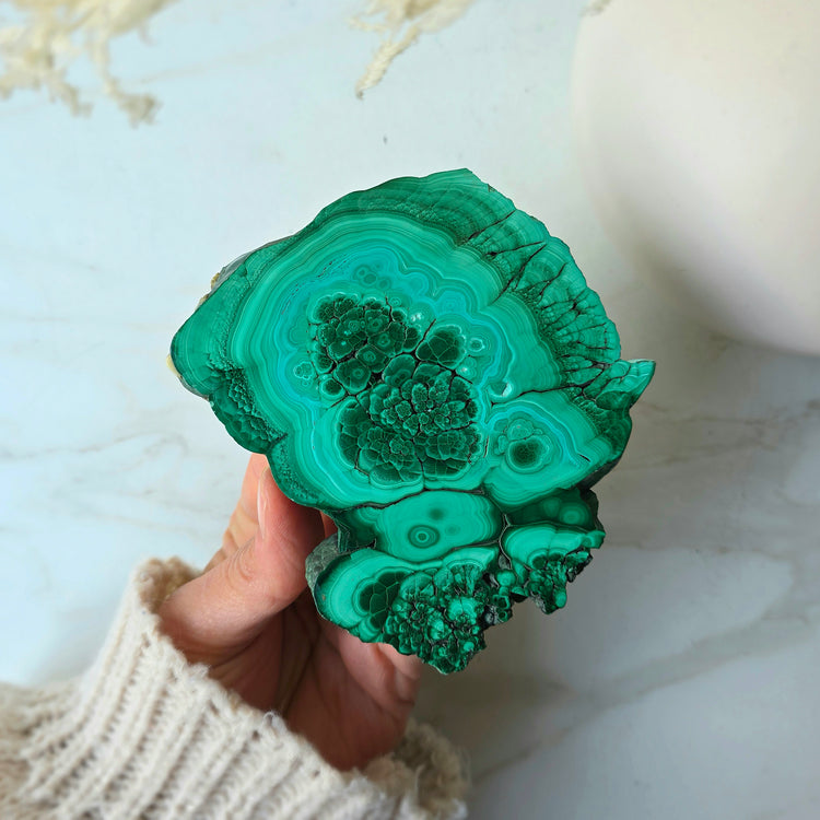 Malachite Crystal Polished Slab Slice Congo High Quality on Stand