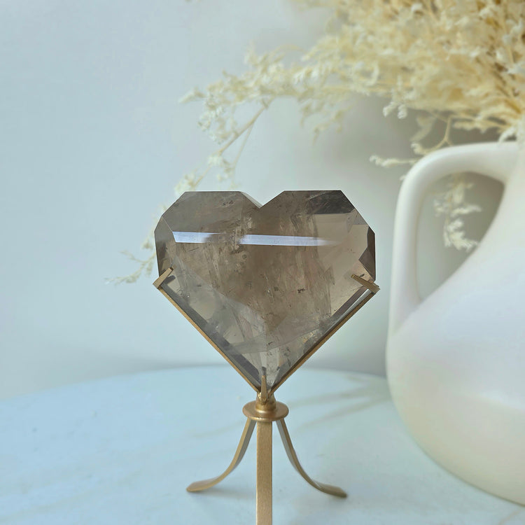 Smokey Quartz Crystal Faceted Heart on Stand Brazil