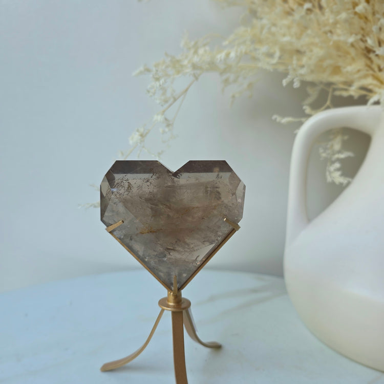 Smokey Quartz Crystal Faceted Heart on Stand Brazil