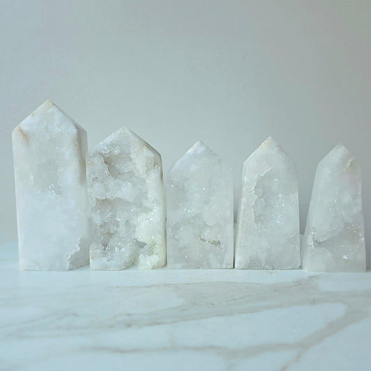 White Agate Crystal Tower Point Obelisk with Cluster Druzy Brazil High Quality