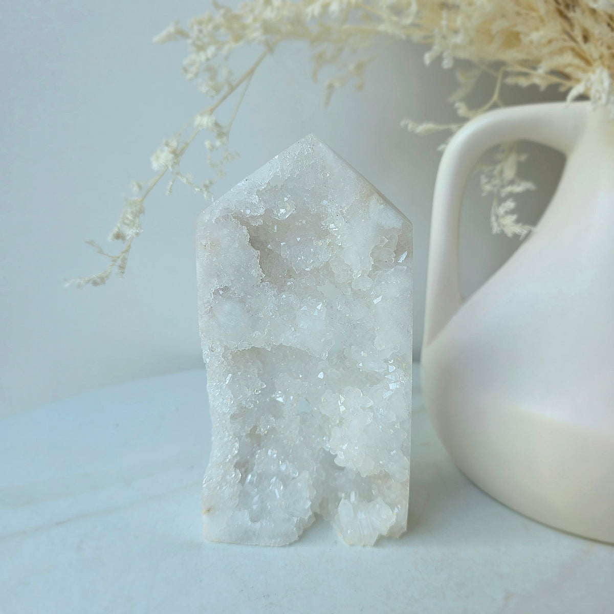 White Agate Crystal Tower Point Obelisk with Cluster Druzy Brazil High Quality - Crystals and Me | Crystal Candles and Ethically Sourced Crystals
