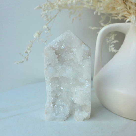White Agate Crystal Tower Point Obelisk with Cluster Druzy Brazil High Quality - Crystals and Me | Crystal Candles and Ethically Sourced Crystals