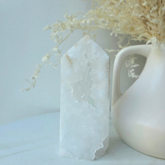 White Agate Crystal Tower Point Obelisk with Cluster Druzy Brazil High Quality - Crystals and Me | Crystal Candles and Ethically Sourced Crystals